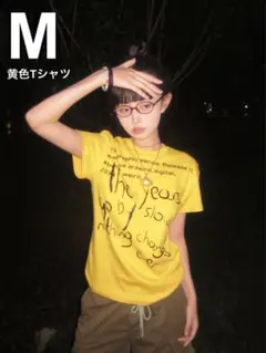 ピチT グランジ　黄色Tシャツ　レディース　平成ギャル　半袖　トップス　英語