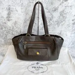 極美品 PRADA プラダ ハンドバッグ 三角ロゴ レザー ブラウン トート