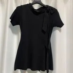 ニット　半袖　ペプラム　トップス　リボン　ブラック　韓国