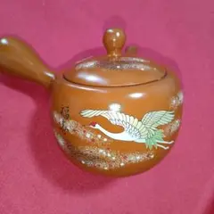 オレンジ色 鶴の絵柄 陶器急須