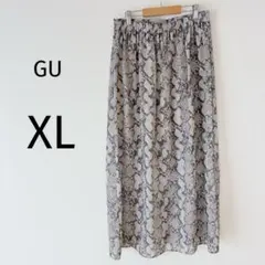 GU プリントロングスカート バックスリット ウエストゴム パイソングレー XL