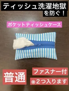 ポケットティッシュケース 青ストライプ 　普通　ファスナー付き