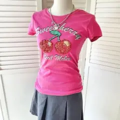 セシルマクビー 平成GAL スパンコール Tシャツ チェリー さくらんぼ ピンク