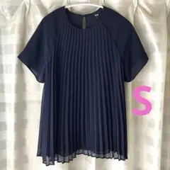 美品　ユニクロ　プリーツTブラウス　S 半袖UNIQLO ネイビー　とろみ　紺