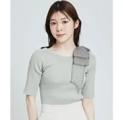 31 Sons de mode リボン付きオフショルリブニット ライトグリーン
