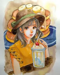 手描きイラストA4　コピック・水彩画『Cafe』