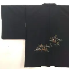 【美品】羽織 絵羽織 羽二重 風景 手描き 金彩 正絹 身丈82 裄64.5 黒