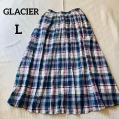 GLACIER♡チェック柄　ロング　フレア　スカート【L】ブルー系　ギャザー
