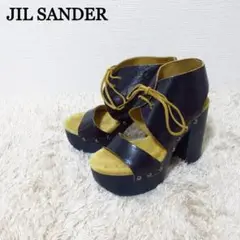 良品 ジルサンダーネイビー クラック加工 レザー チャンキーヒール サンダル