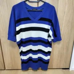 INGN Vネック半袖 青黒ストライプ Mサイズ ゆったり