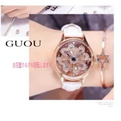 【極美品】GUOU レディース腕時計 ホワイト×ゴールド おしゃれ キラキラ