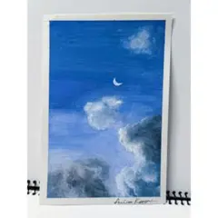 【原画】青い夜の空　アクリル水彩画　ポストカード　一点物