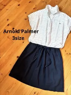 【アーノルドパーマー】ボーダー✖️紺色　シャツワンピース　3サイズ　麻・綿混合