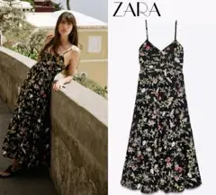 新品未使用✴︎ZARA カットワーク刺繍入りプリント柄ミディ丈ワンピース　XS