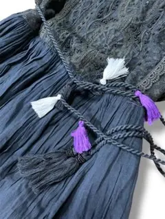美品！フリル袖 ブラックロング刺繍シフォンロングワンピース　インド製黒　リネン