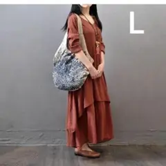 【テラコッタL】ロングワンピースブラック体型カバーVネックゆったりマタニティ