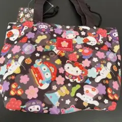 サンリオキャラクターズ　巾着付きランチトートバッグ　和柄　ブラック 浴衣 夏祭り