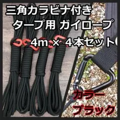 【三角カラビナ付き】タープ専用 ガイロープ 4m×4本セット ブラック ①