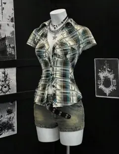チェックミニシャツレディースおじシャツミニティーチェック柄半袖シャツブラウス