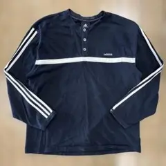 adidas 90s ロンT 長袖 刺繍ロゴ ハーフボタン 古着 黒 Lサイズ