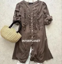 【INTERPLANET】ブラウンフリル7分袖チュニックインタープラネット