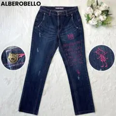 ALBEROBELLO ピンク刺繍デニム インディゴ S