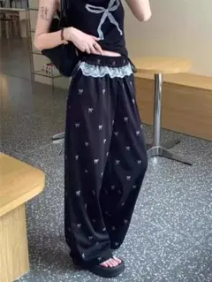 リボン柄ウエストレースリボンパンツ　ブラック　レース　韓国パンツ　フェアリー