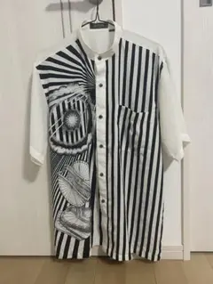 BAFFONE ノーカラー 半袖シャツ ストライプ
