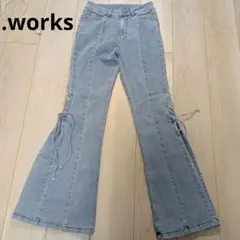.works ストレッチデニム脇リボン結び デニム フレアパンツ サックスブルー