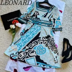 【良品】LEONARD 総柄ワンピース ライトブルー フレア ベロア 38