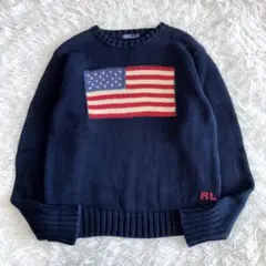 90s ポロバイラルフローレン コットンニット 星条旗 日本製 ネイビー XL