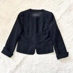 anyFAM ツイード　ノーカラー　ジャケット　ネイビー　ラメ　M