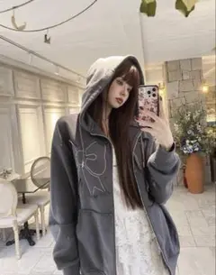 YOUHEE RIBBON 長袖 フード ファスナー パーカー ☆ジェニー着用☆【YOUHEE】☆YOUHEE RIBBON HOOD ZIP-U.P