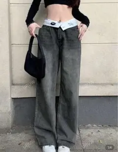 グレー ワイドレッグデニム ロゴ