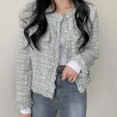 フリンジツイードジャケット　レディース　ブルー