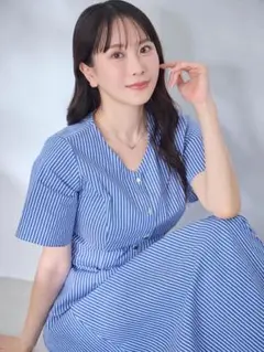 overE ストレッチコットンストライプブラウス：ネイビーブルー 96