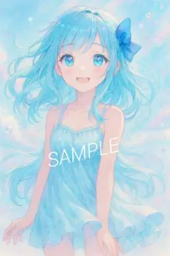 美少女イラスト 青い髪 青ワンピース 笑顔 可愛い 透明感 No.143
