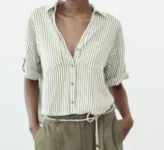 ZARA リネンブレンド　ロールアップストライプシャツ　グリーン　Mサイズ
