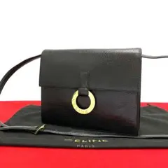 極 美品 セリーヌ サークルロゴ 金具 レザー ショルダーバッグポシェット 黒