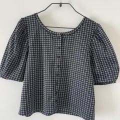 千鳥柄 ブラック パフスリーブ 半袖 L