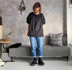kubosanmade ドット柄黒ボリューム袖ブラウス　後ろリボン