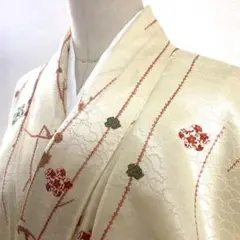 2m1956 着物 正絹 袷 小紋 ベージュ 茶色 緑 赤 花柄 和装