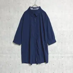 【La・comfy】ロングシャツ チュニック 七分袖 ポケット 羽織 ギャザー