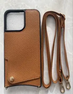 iPhone15ProMaxシンプルレザーソフトケース&ストラップセットブラウン