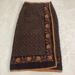 良品✨巻スカート　レトロ　アジアン　総柄　花柄　ロング　ブラウン　サイズM