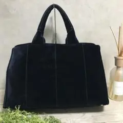 【美品工房】美品 PRADA(プラダ)ベロア素材 ハンドバッグ ネイビー