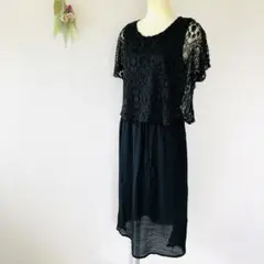 タグ付き　フェイクレイヤード半袖ワンピースM~L　黒ブラック花柄レース　きれいめ