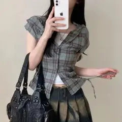 韓国チェック 半袖シャツフーディ