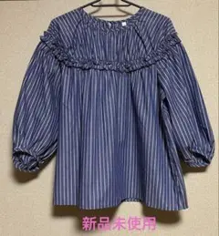 七分袖　ストライプフリルブラウス　ブルー