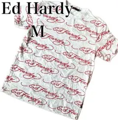 【M】Ed Hardy ロゴプリント 半袖Tシャツ 丸首シャツ ライトグレー
